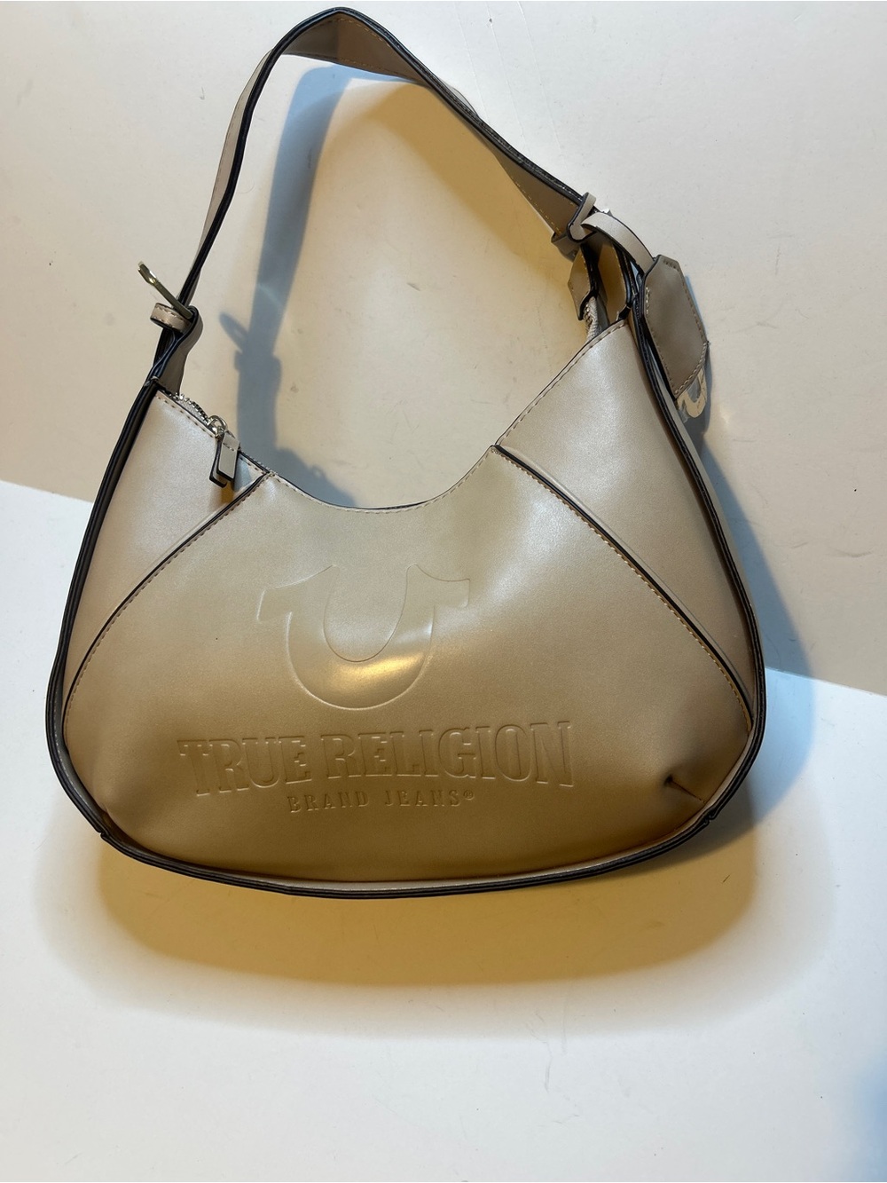 True Religion Taupe-Beige Shoulder Bag with Embossed Logo